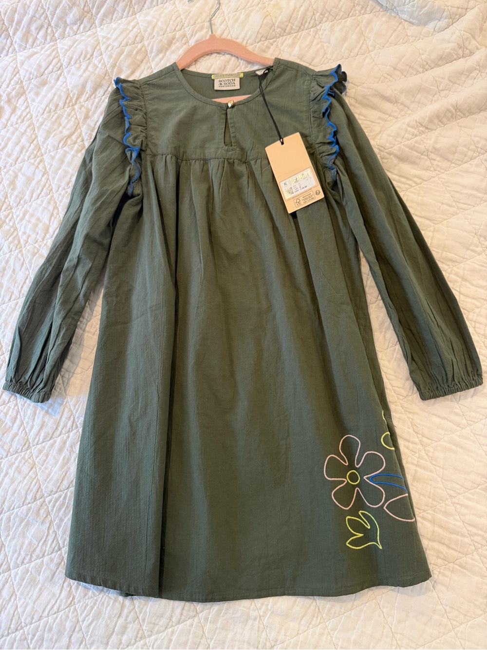 Children's Olive Green Long-Sleeve Dress with Floral Embroidery